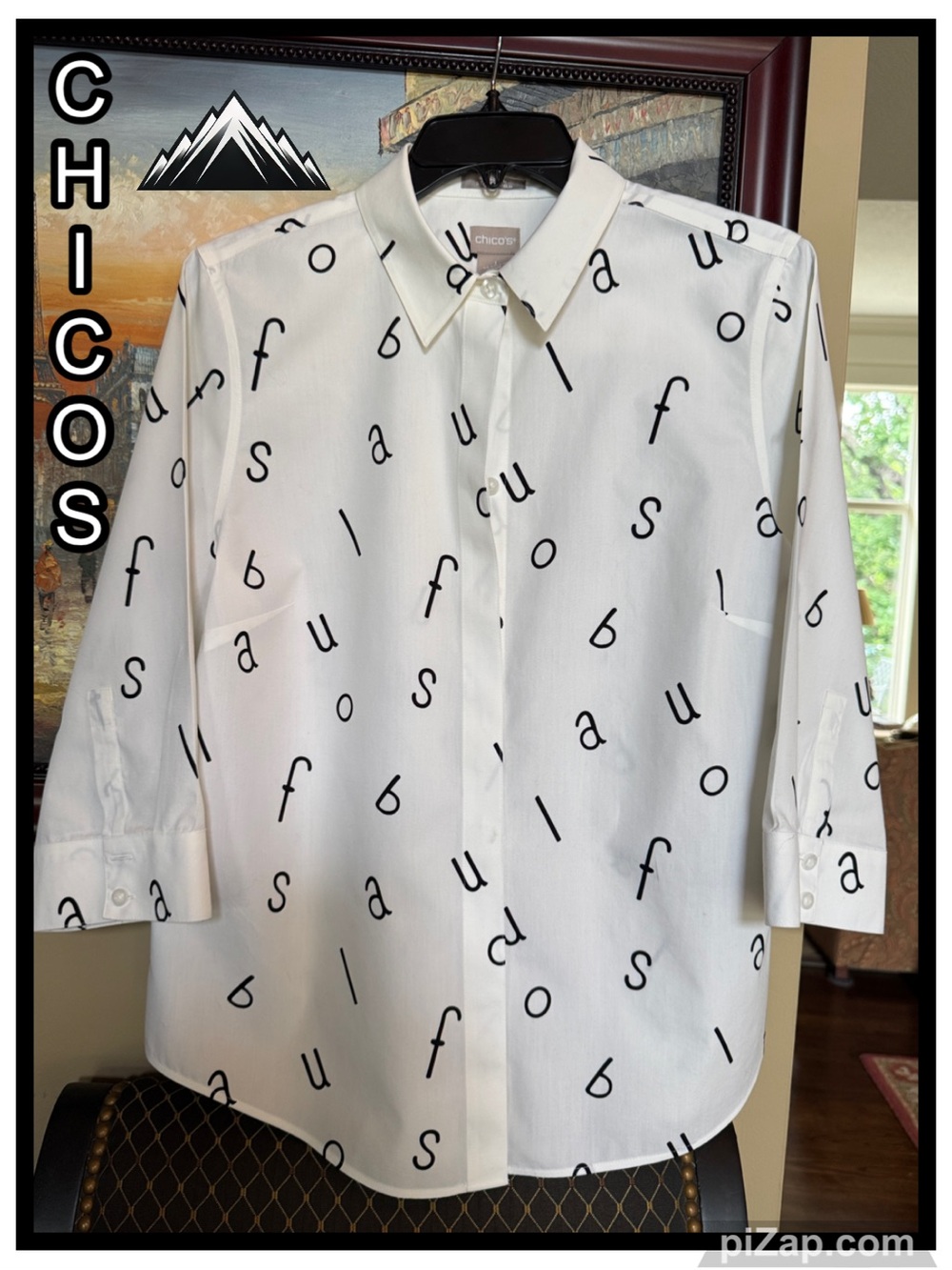 Chico's White Printed (Fabulous black lettering) Button-Down Shirt ~ Sz Sm